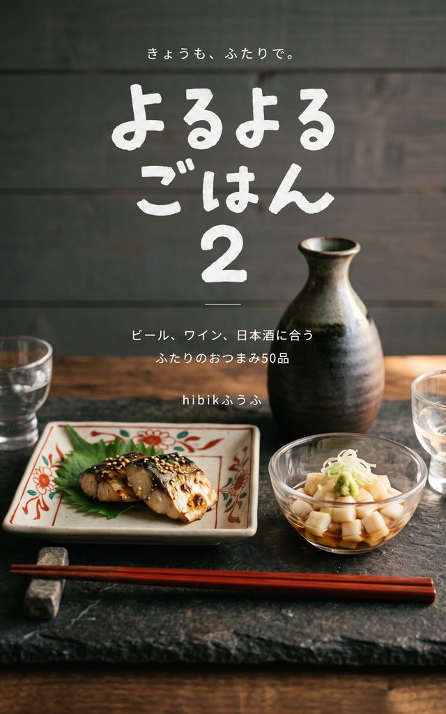 『よるよるごはん2』表紙。和の器に盛った肴と徳利。