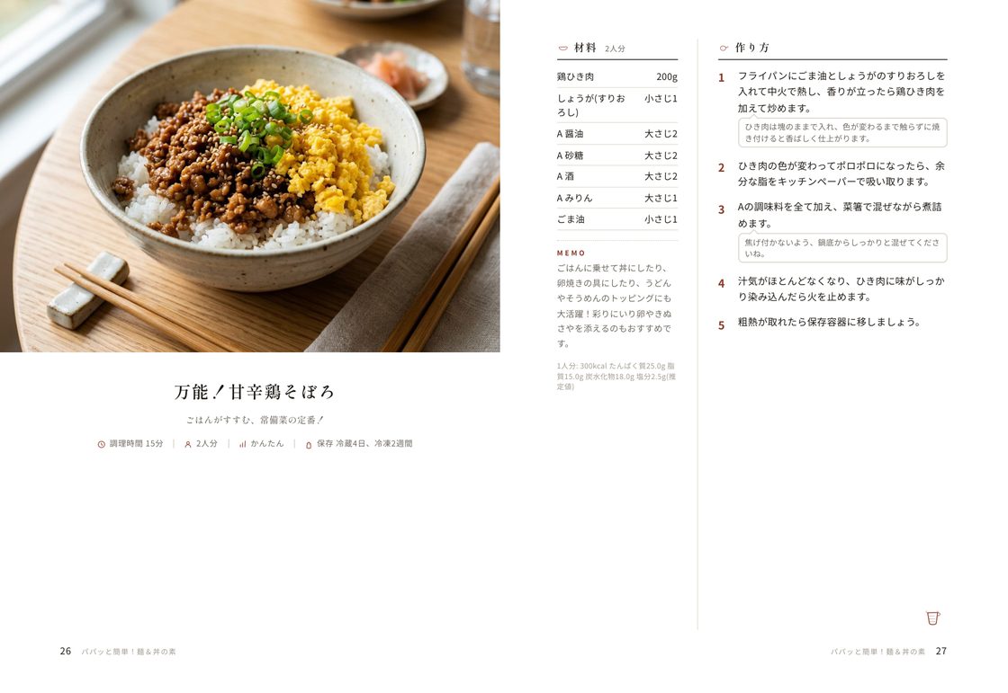 見開き・雑誌のレイアウト例。左に大きな写真とキャッチ、右に材料と手順。