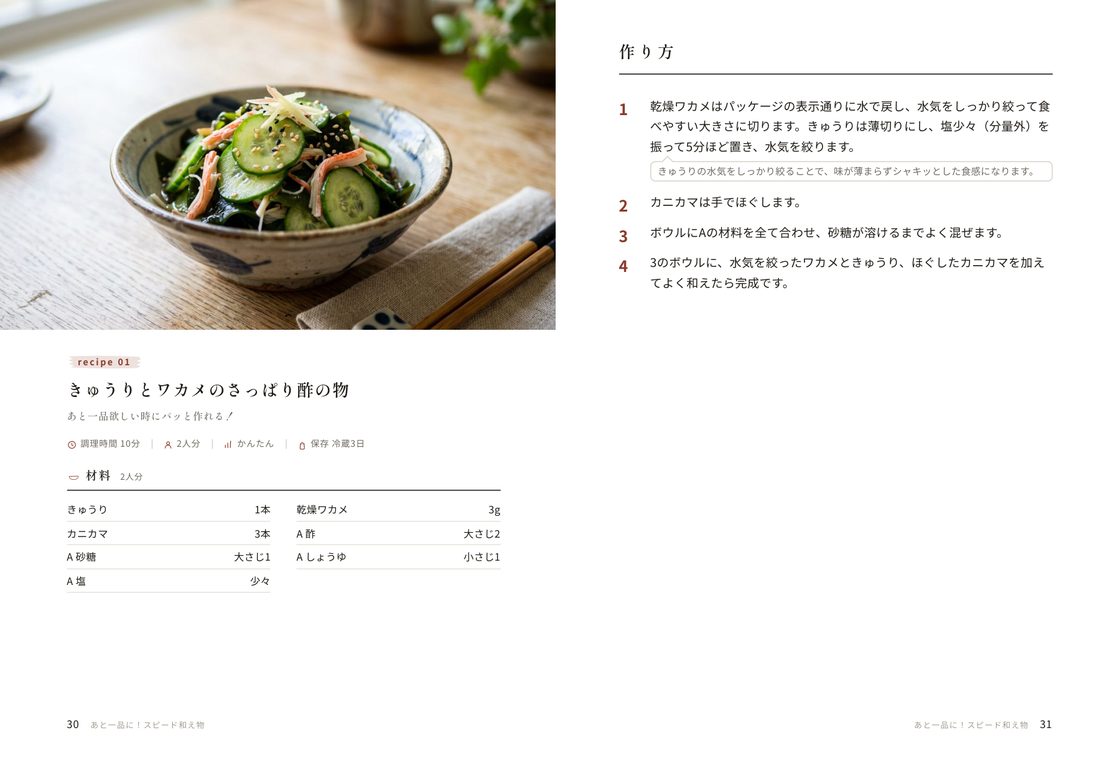 見開き・工程のレイアウト例。左に写真と材料、右に手順を大きく組んだ誌面。