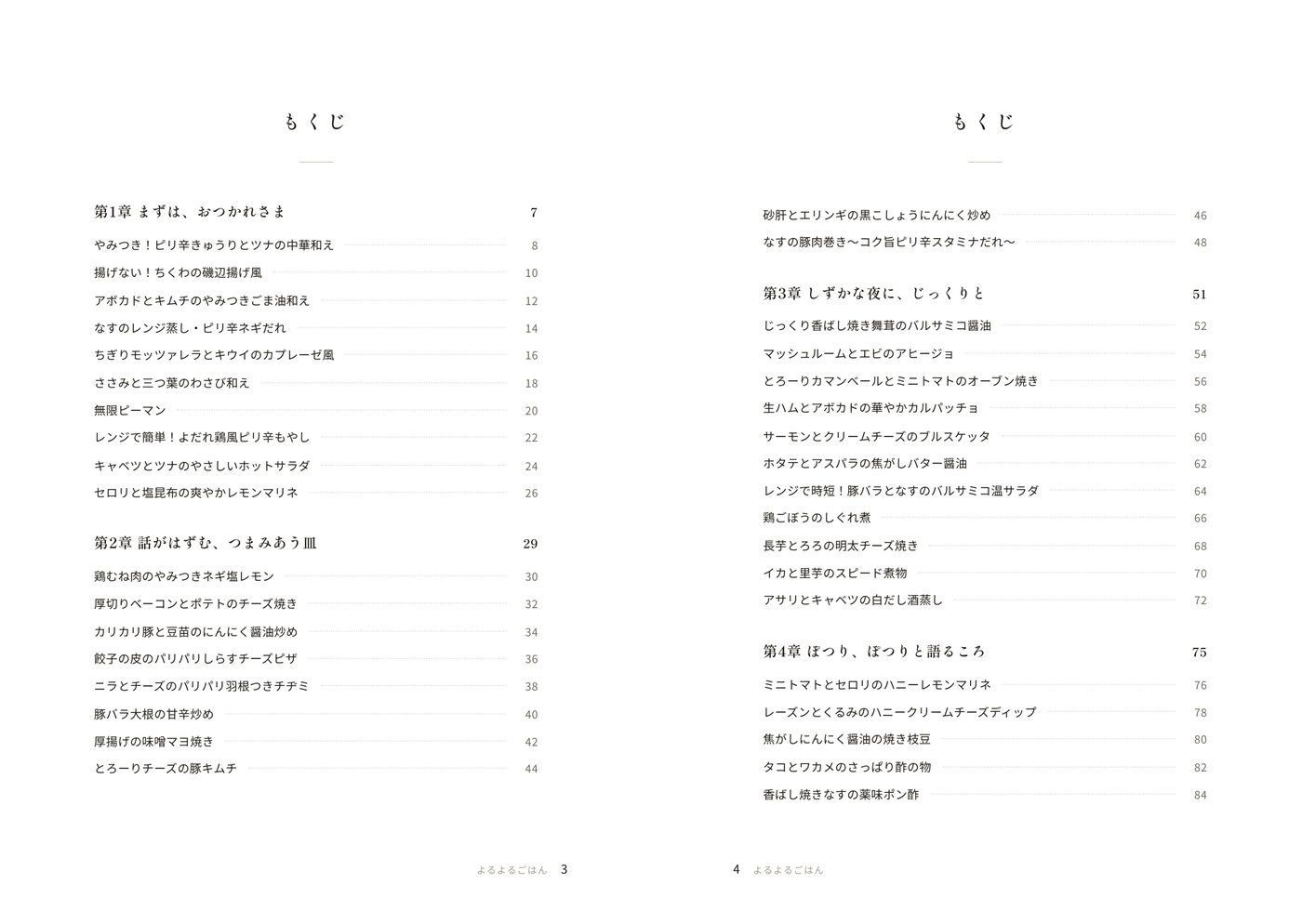 本の目次ページ。章ごとにレシピ名とページ番号が並ぶ。